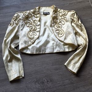 Vintage Bolero Jacket Sz 6 Gold Braiding Rinestones Gold Threading Shoulder Pads